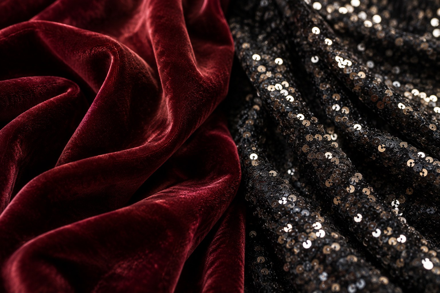 Close conceptual study of burgundy velvet folds beside dark fabric with individually sewn sequins.