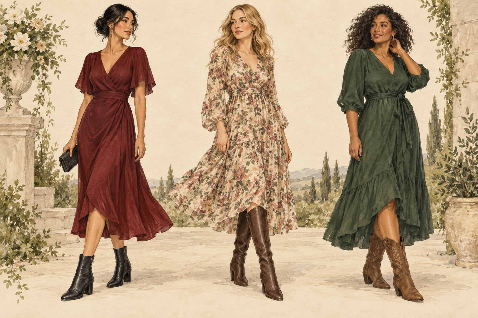 Conceptual outfit illustration: burgundy midi with ankle boots, floral midi with knee-high boots, and green dress with Western boots.