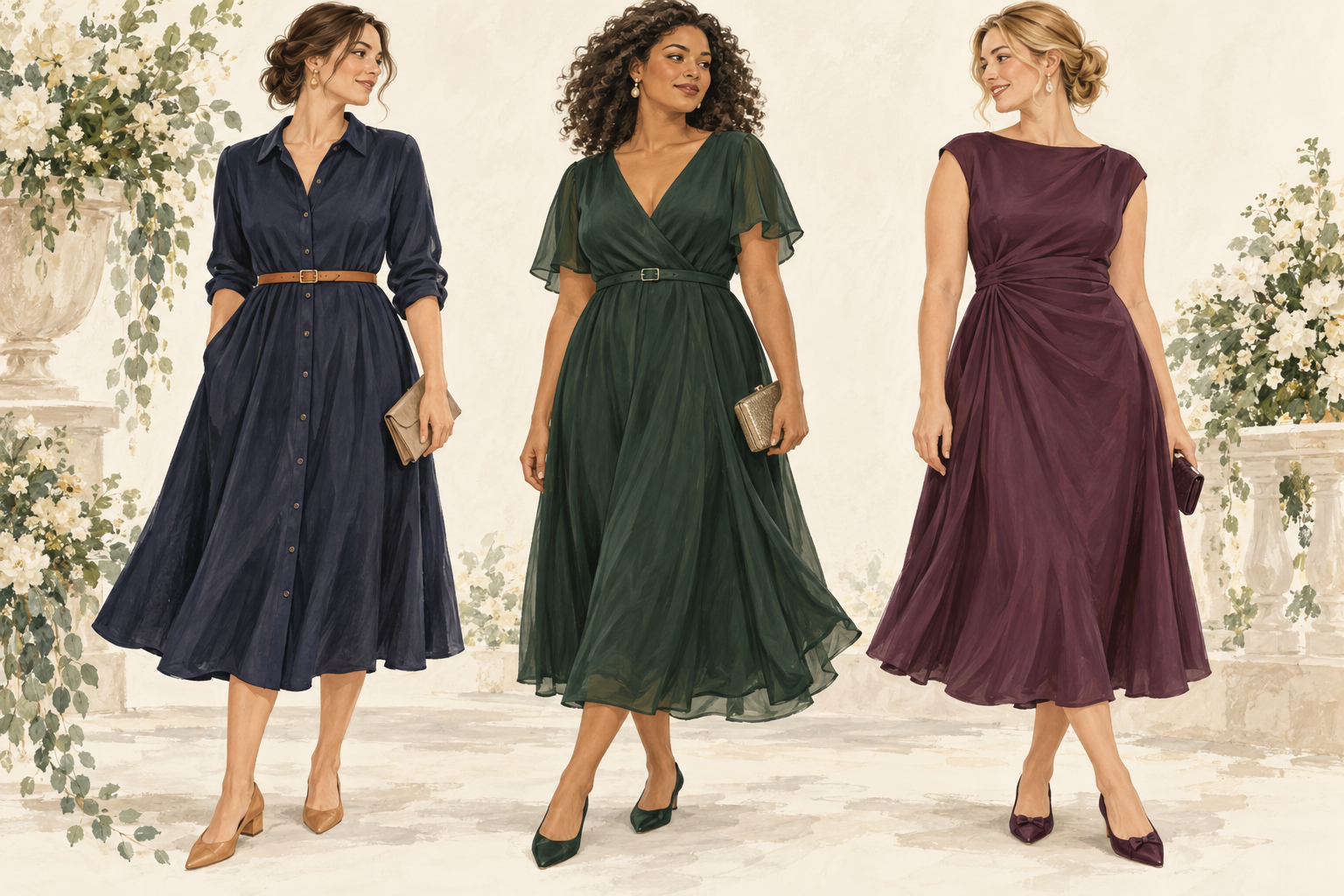 Editorial illustration comparing a tan belt on a navy dress, a tonal belt on a dark green dress, and a plum dress without a belt.