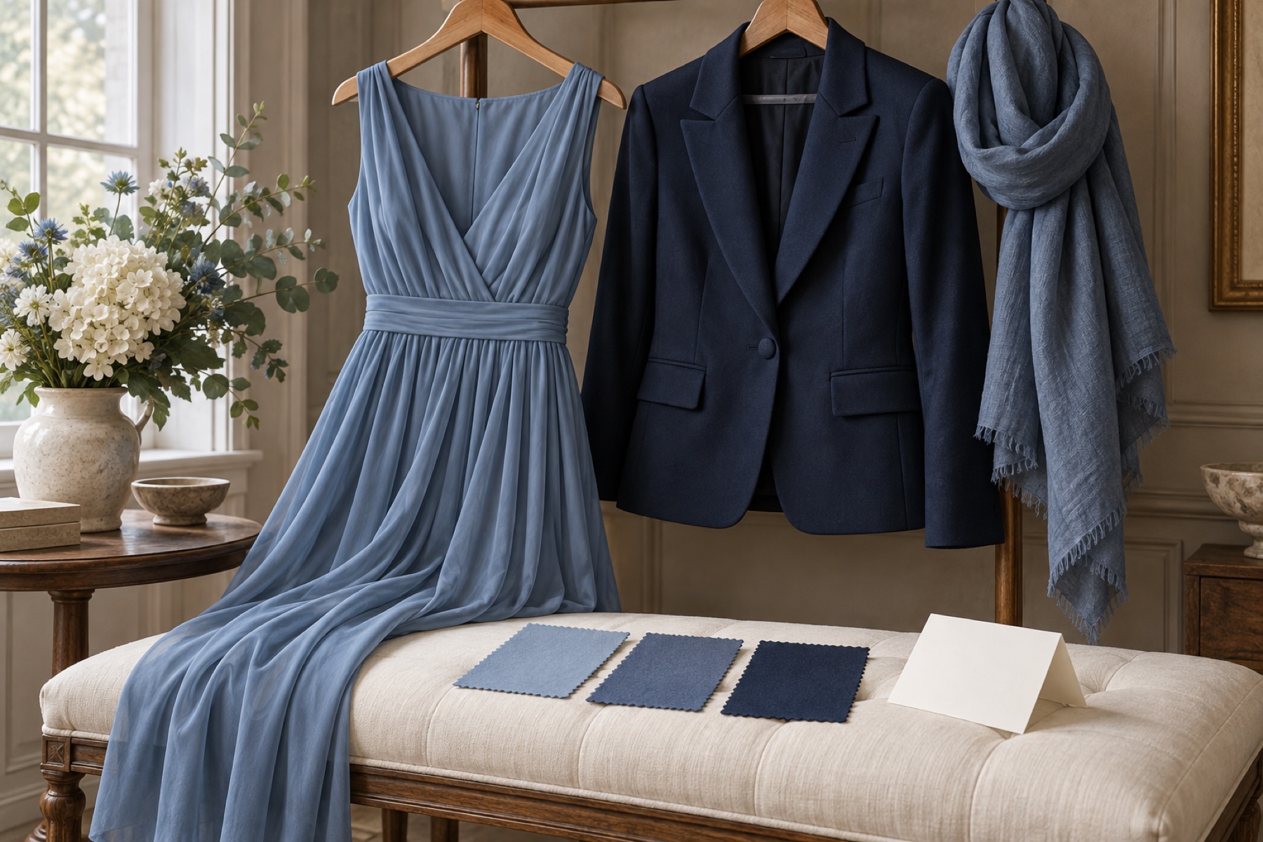 A dusty-blue dress, navy jacket and slate-blue scarf hang above three blue swatches and a blank folded invitation.